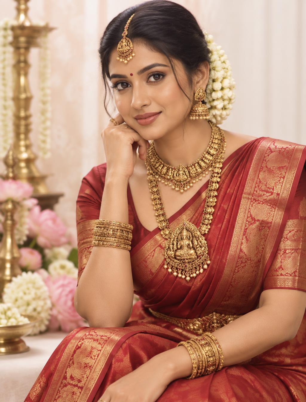 South Indian bride in red silk saree and gold temple jewellery